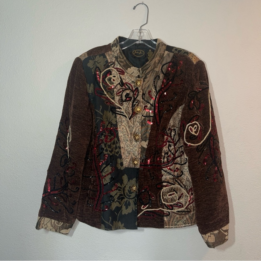 Julia Kim Womens Size M Jacket Art to Wear Mixed Media Sequin Button Embroidered